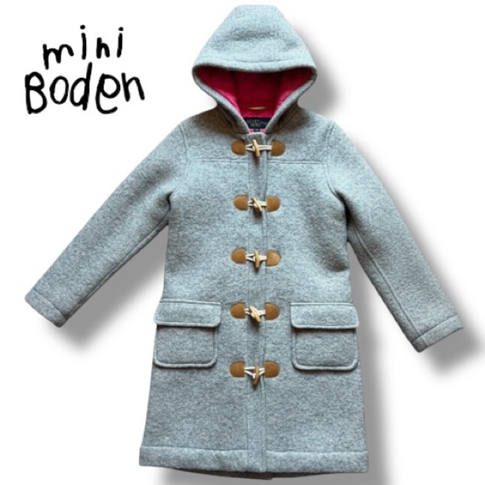 Mini Boden Girls Gray Wool Hooded Duffle Coat Toggles Pink Accents | Size 11-12Y